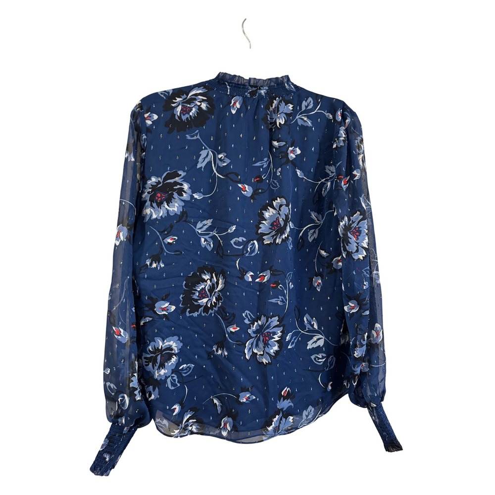 White House Black Market Blouse Blue Floral Ruffle Neck Metallic Silk Feel 12 - Picture 2 of 5